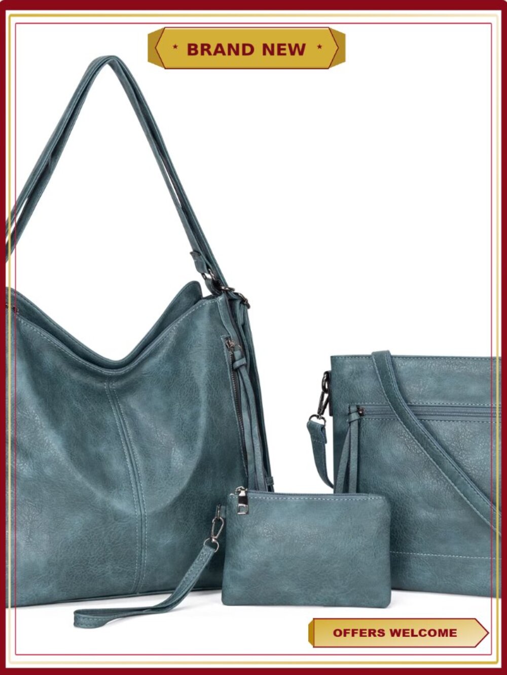 3 Piece Leather Shoulder Bag Set Crossbody Tote Satchel Purse